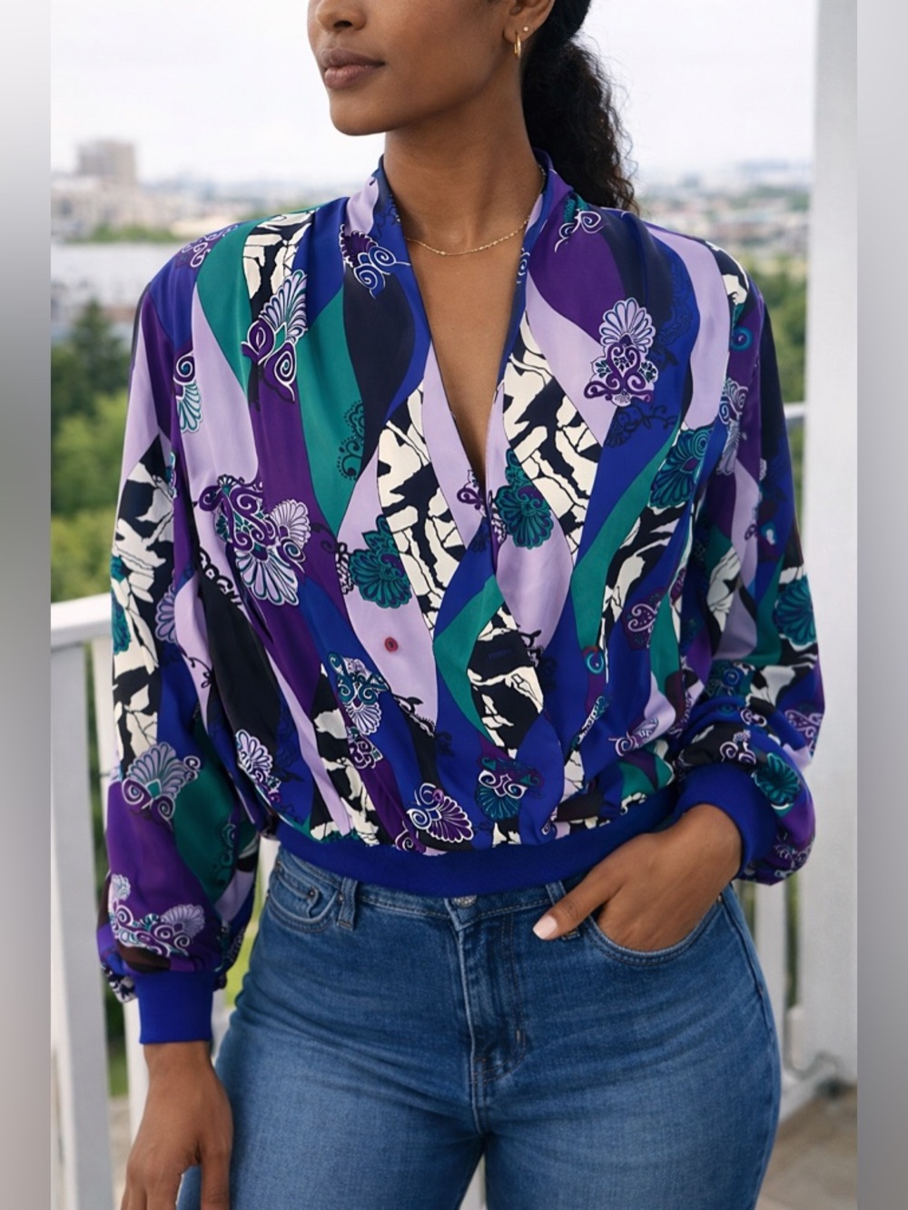 Vintage Vibrant Abstract Floral V-Neck Blouson Top - Purple & Teal